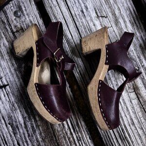 Leather Wood Clogs Danish Size 36 Boho Heel